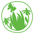 green icon of flowers with a butterfly overhead surrounded by a circle