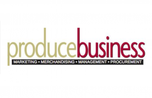 "produce business" written in yellow and red lower case font. A black line sits below the words.