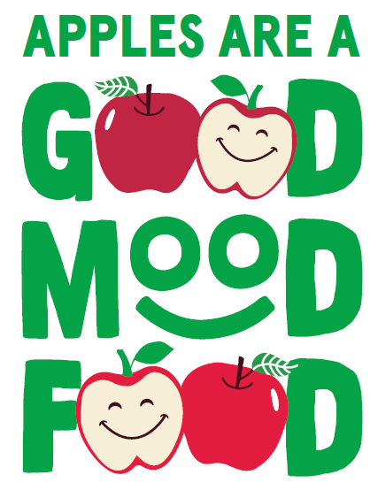 In large green letters it reads, "Apples are a good mood food." The "o's" in "Good" and "Food" are smiling red apples instead of letters.